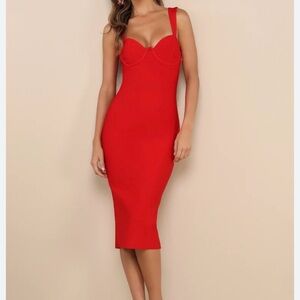 NWT Lulus Red Bodycon Midi Dress with Bust Detail